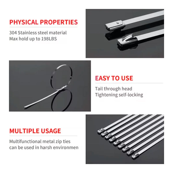 100 Pcs Heavy Duty 304 Stainless Steel Zip Ties